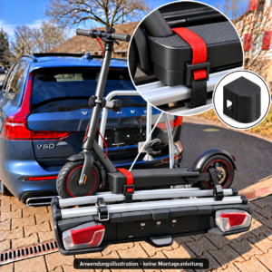 Anwendungsillustration des schwarzen E-Scooter-Halters am Fahrradträger mit Detailansicht und separater Produktansicht